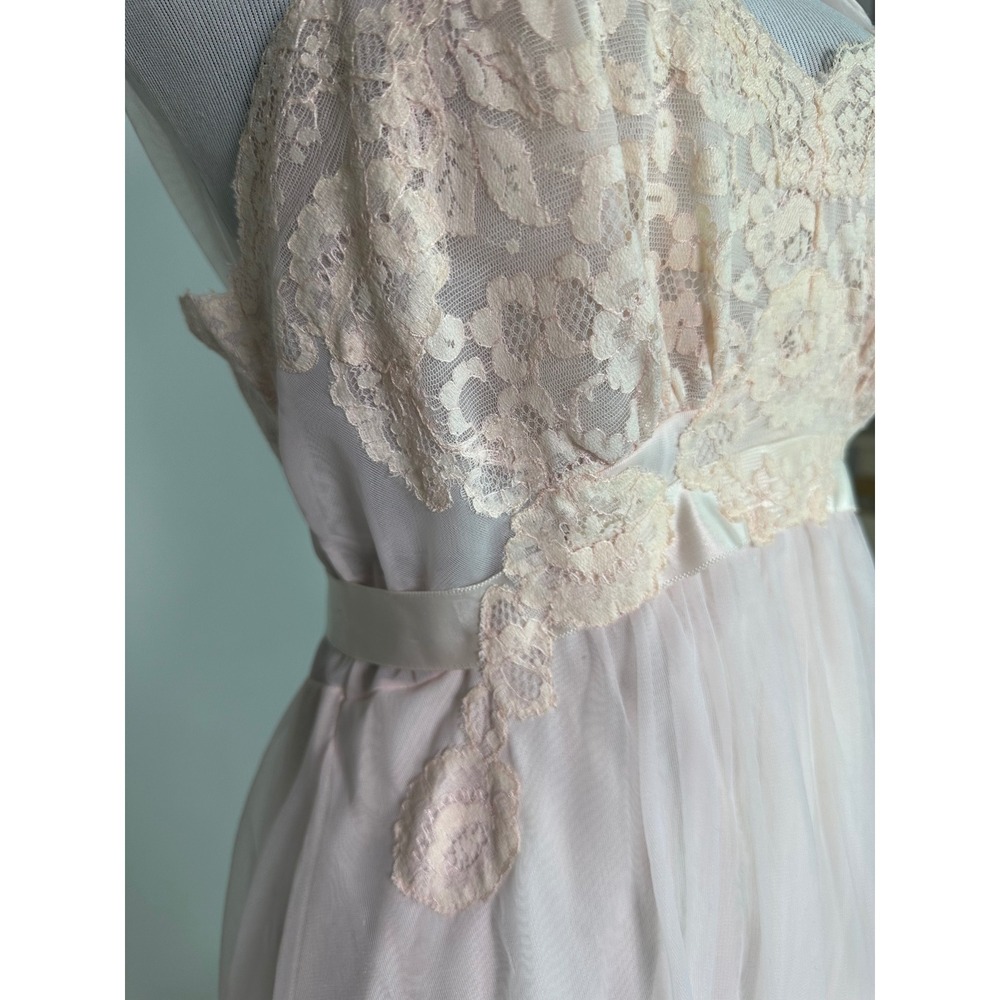 Vintage 1950s Van Raalte Baby Pink Nightgown Lace Nylon Sheer Babydoll Slip - Picture 3 of 7